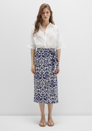 Mavi Bağlama Detaylı Baskılı Lacivert Etek 1310765-91089