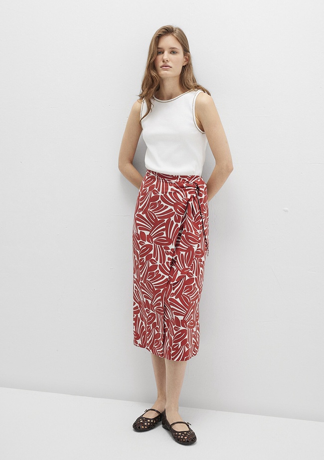  Mavi Bağlama Detaylı Baskılı Kırmızı Etek 1310765-91314