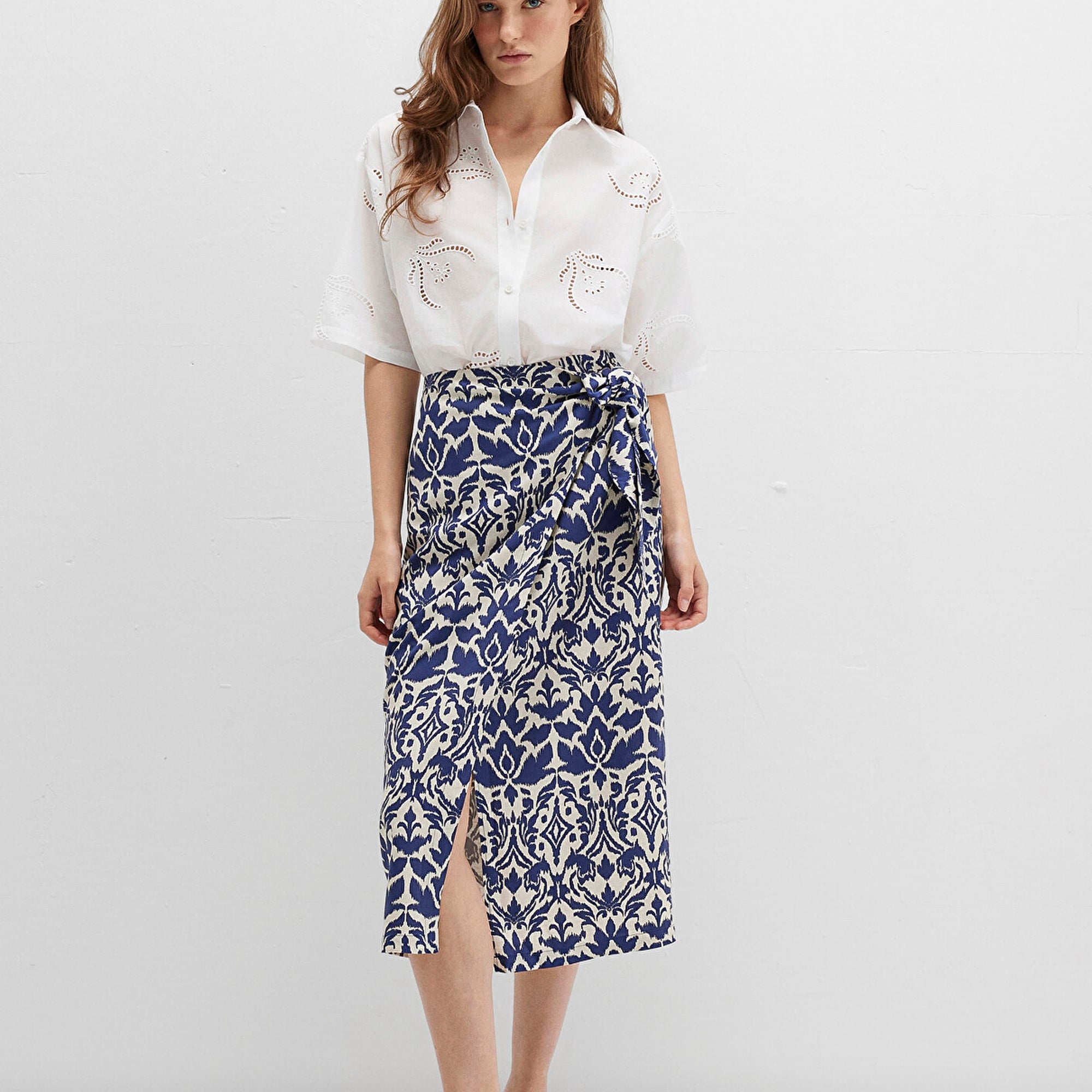 Mavi Bağlama Detaylı Baskılı Lacivert Etek 1310765-91089