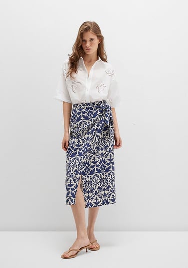  Mavi Bağlama Detaylı Baskılı Lacivert Etek 1310765-91089