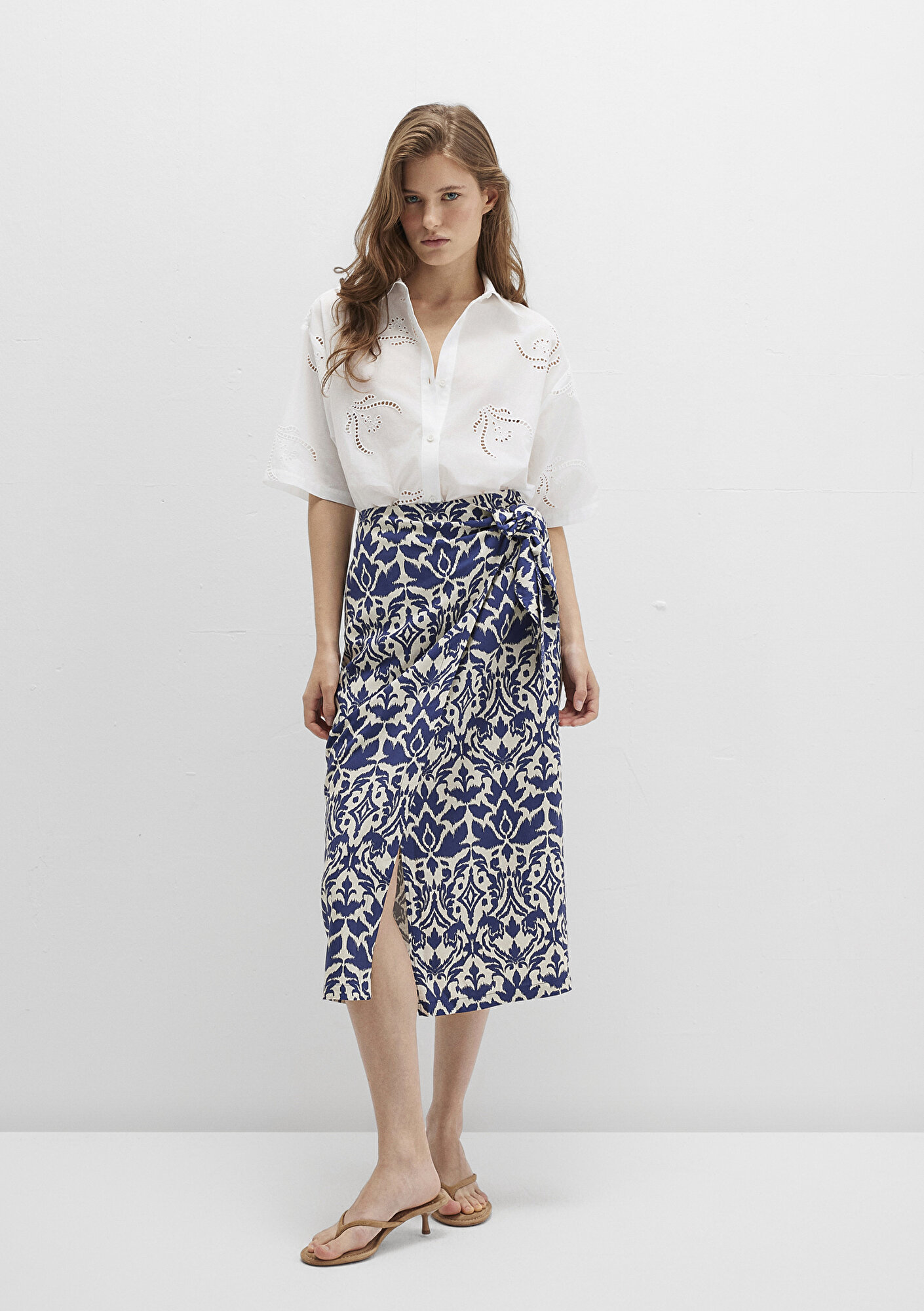  Mavi Bağlama Detaylı Baskılı Lacivert Etek 1310765-91089