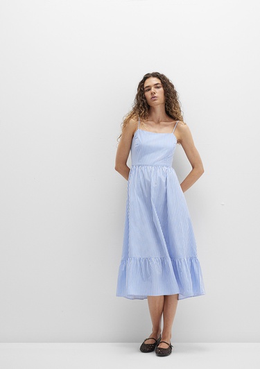  Mavi Fiyonk Detaylı Çizgili Mavi Elbise 1310795-86599