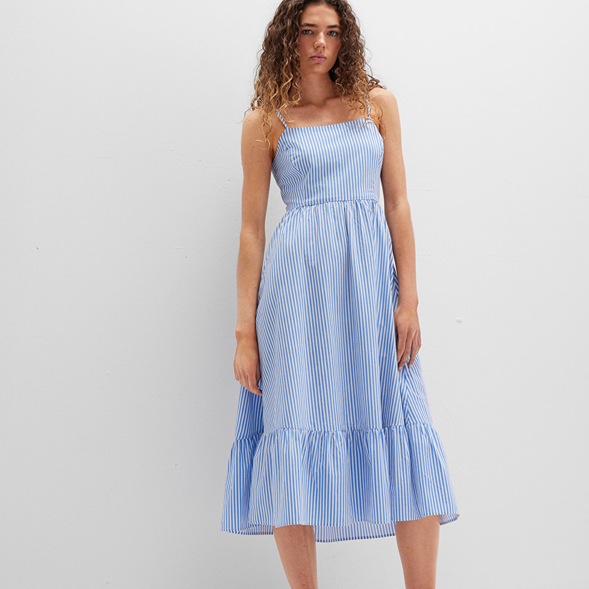 Mavi Fiyonk Detaylı Çizgili Mavi Elbise 1310795-86599