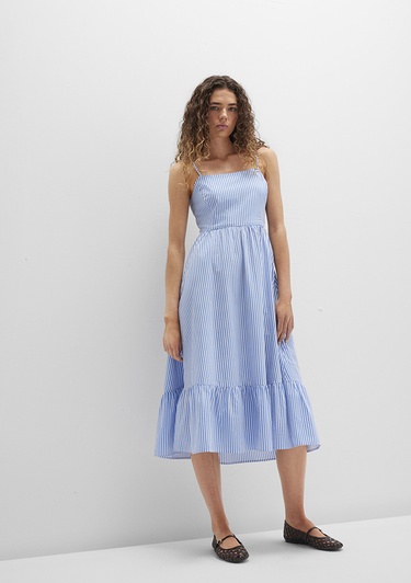  Mavi Fiyonk Detaylı Çizgili Mavi Elbise 1310795-86599
