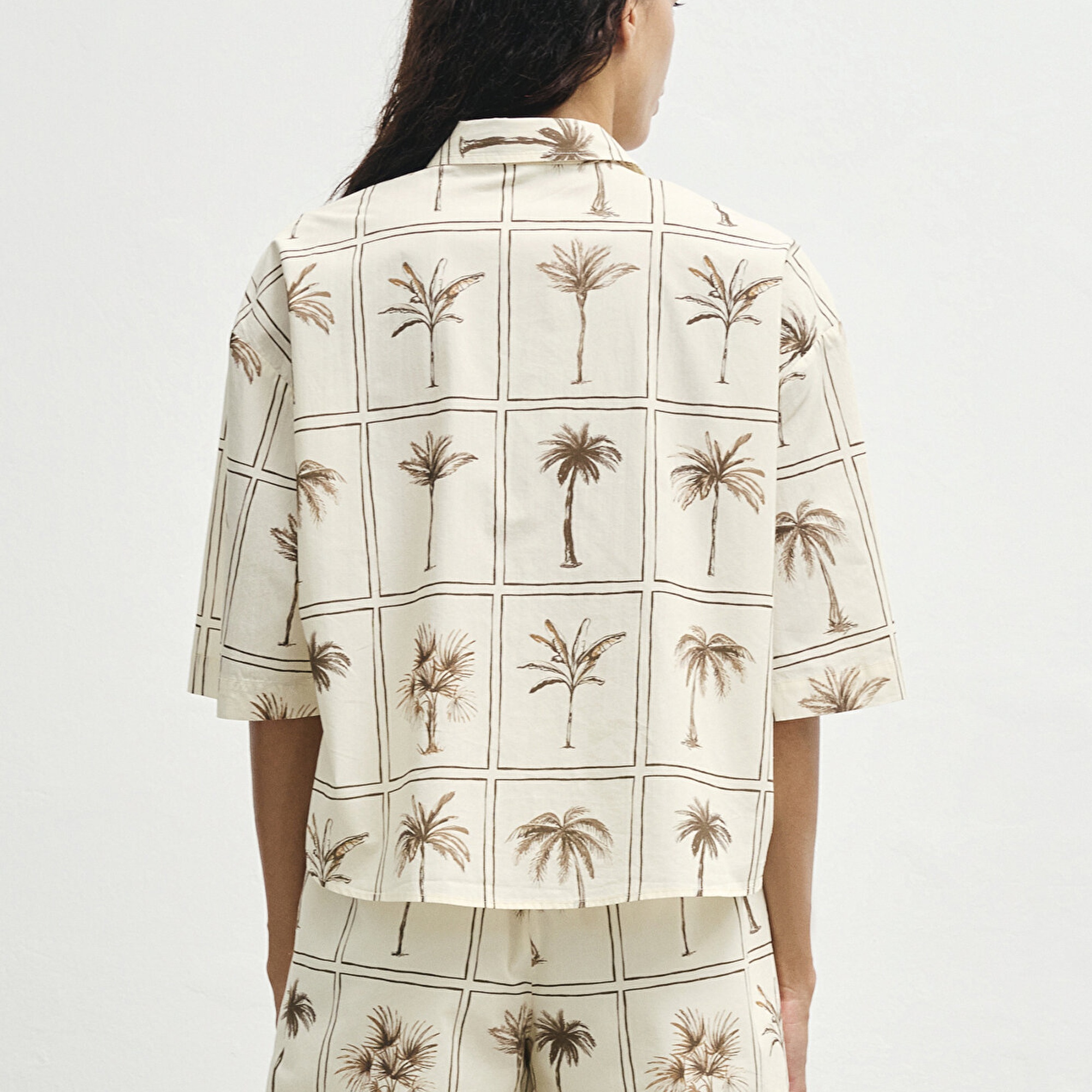 Mavi Palmiye Baskılı Gömlek Oversize / Geniş Kesim 1211309-91116