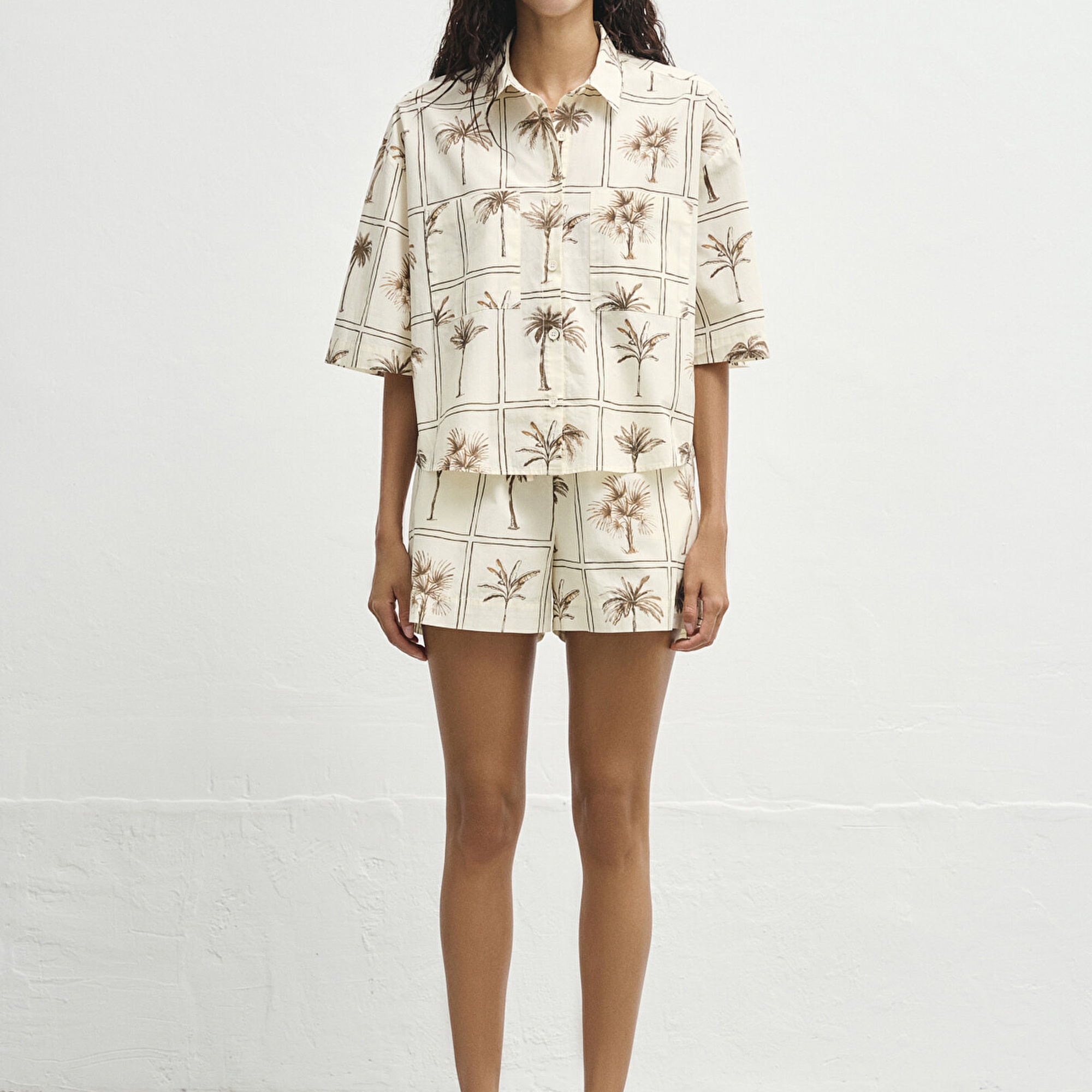 Mavi Palmiye Baskılı Gömlek Oversize / Geniş Kesim 1211309-91116