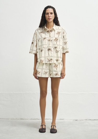  Mavi Palmiye Baskılı Gömlek Oversize / Geniş Kesim 1211309-91116