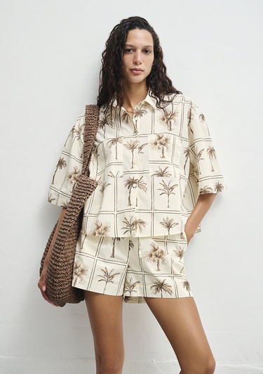  Mavi Palmiye Baskılı Gömlek Oversize / Geniş Kesim 1211309-91116