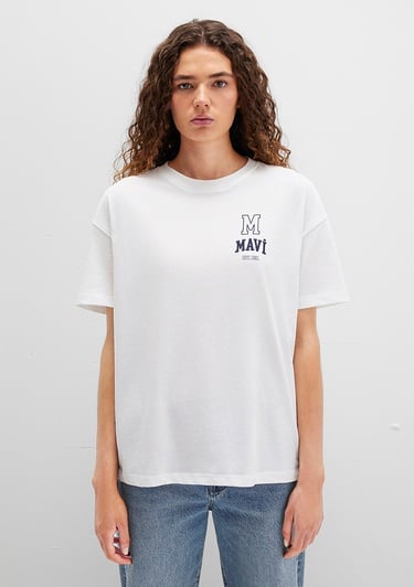  Mavi Mavi Logo Nakışlı Beyaz Tişört Loose Fit / Bol Rahat Kesim 1613467-70057