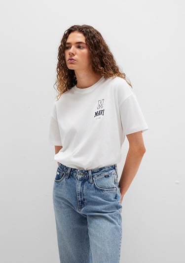  Mavi Mavi Logo Nakışlı Beyaz Tişört Loose Fit / Bol Rahat Kesim 1613467-70057