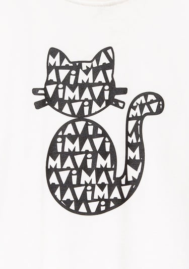  Mavi Kedi Baskılı Ekru Tişört Loose Fit / Bol Rahat Kesim 7610360-70057