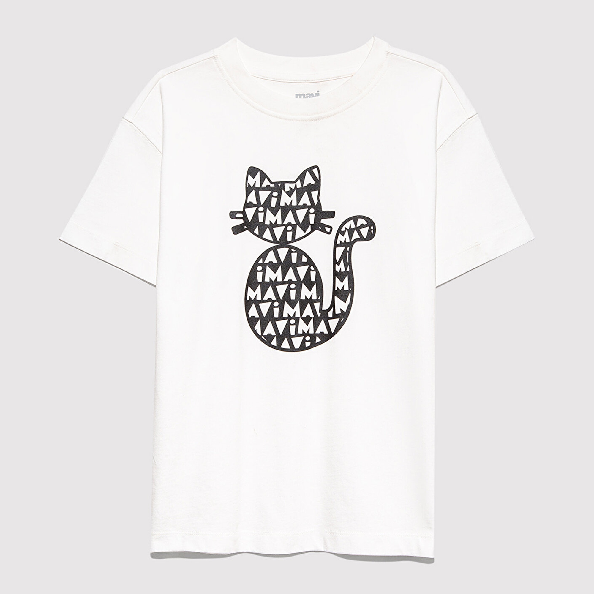 Mavi Kedi Baskılı Ekru Tişört Loose Fit / Bol Rahat Kesim 7610360-70057