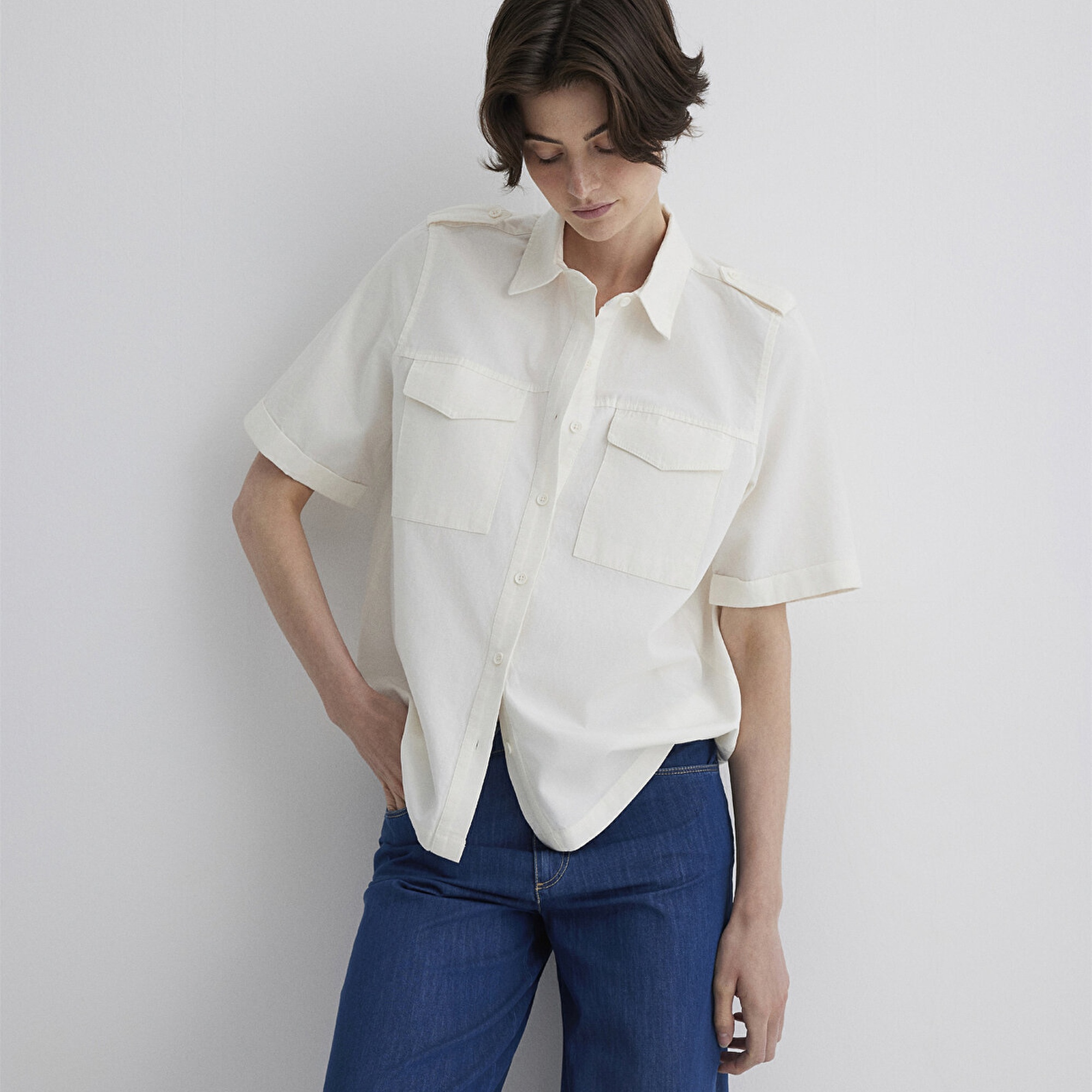 Mavi Ekru Gömlek Loose Fit / Bol Rahat Kesim 1211266-70057