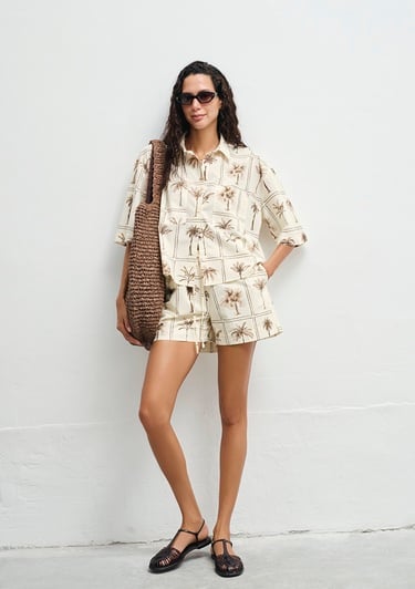  Mavi Palmiye Baskılı Şort 1410232-91116