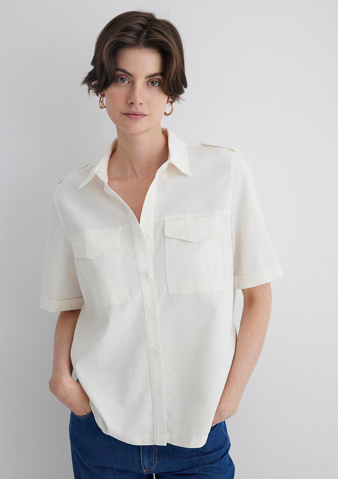  Mavi Ekru Gömlek Loose Fit / Bol Rahat Kesim 1211266-70057