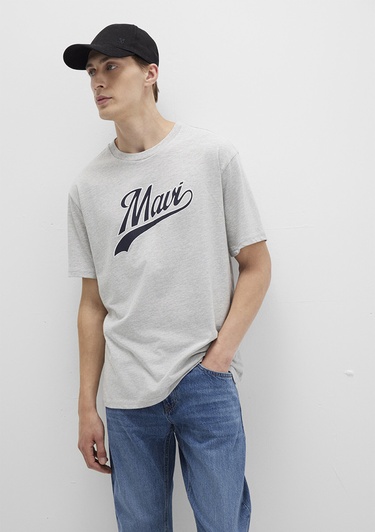  Mavi Mavi Logo Baskılı Gri Tişört Loose Fit / Bol Rahat Kesim 0613023-80018