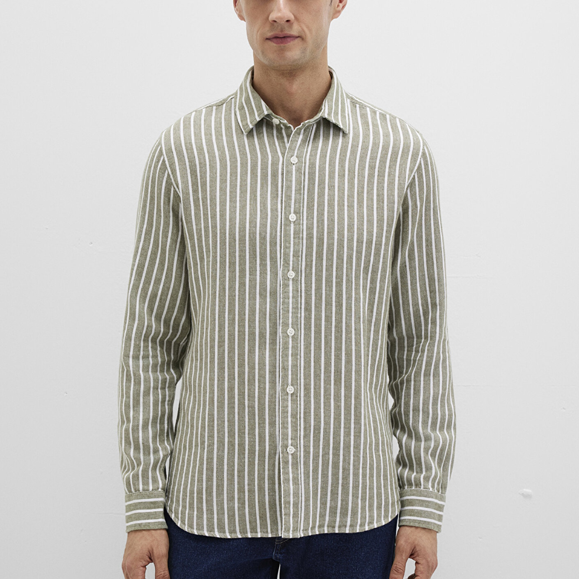 Mavi Çizgili Yeşil Gömlek Slim Fit / Dar Kesim 0211698-91114