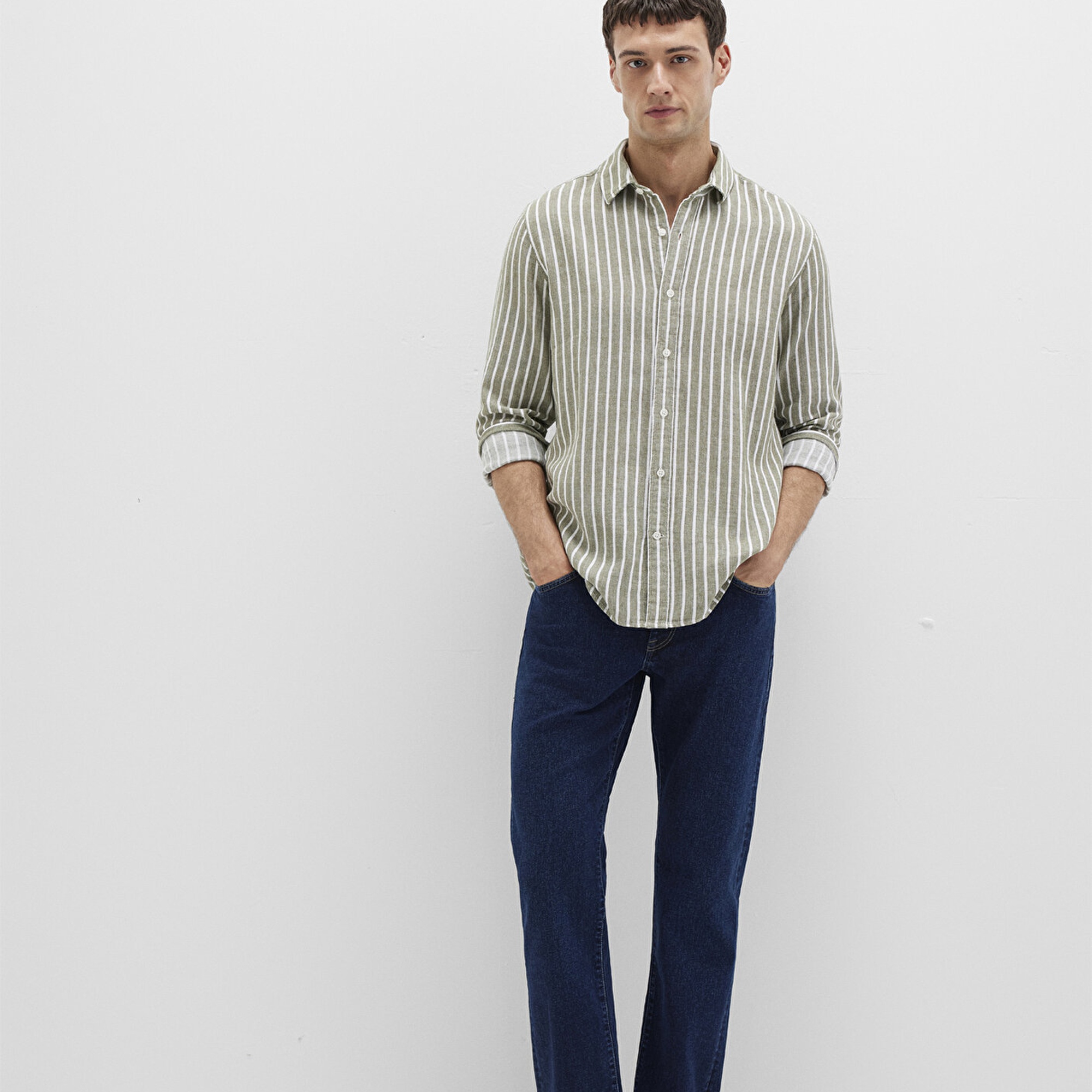 Mavi Çizgili Yeşil Gömlek Slim Fit / Dar Kesim 0211698-91114