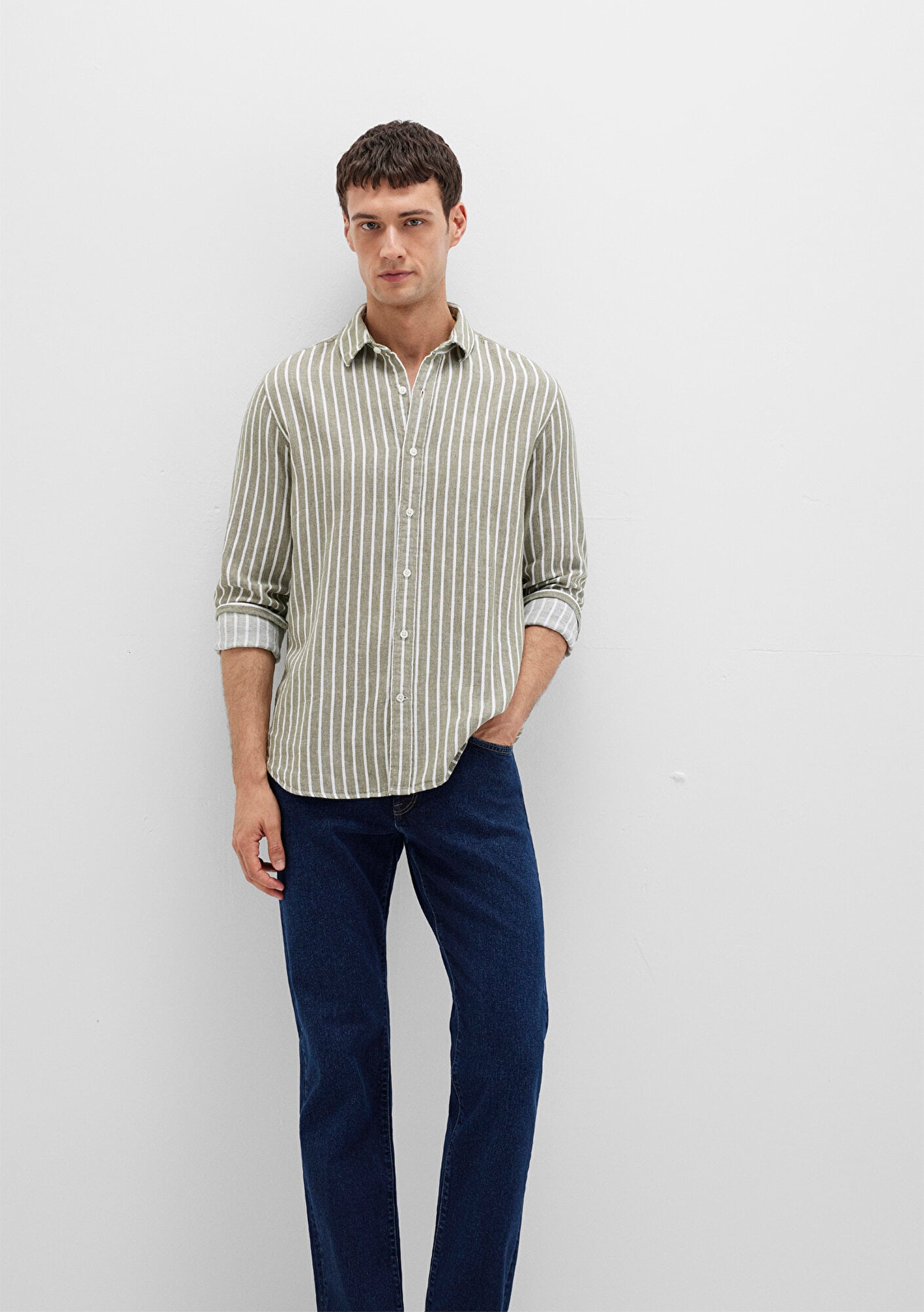  Mavi Çizgili Yeşil Gömlek Slim Fit / Dar Kesim 0211698-91114