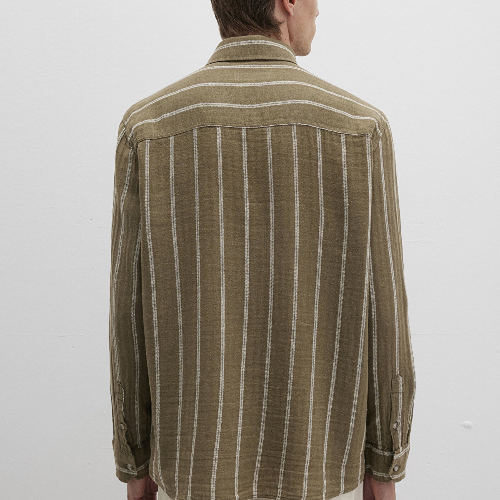 Mavi Keten Karışımlı Çizgili Haki Gömlek Regular Fit / Normal Kesim 0211730-91111