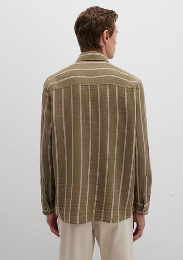  Mavi Keten Karışımlı Çizgili Haki Gömlek Regular Fit / Normal Kesim 0211730-91111