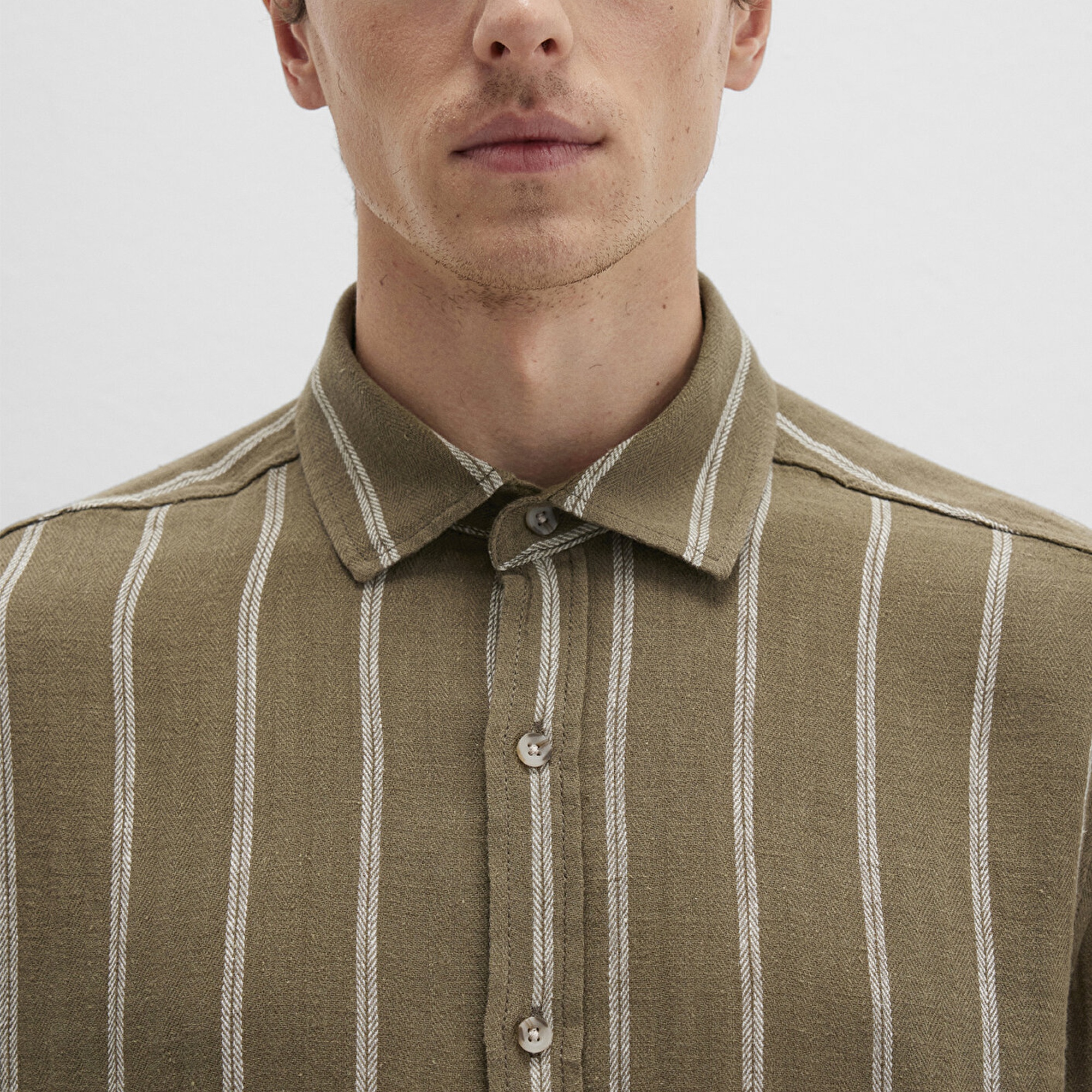 Mavi Keten Karışımlı Çizgili Haki Gömlek Regular Fit / Normal Kesim 0211730-91111