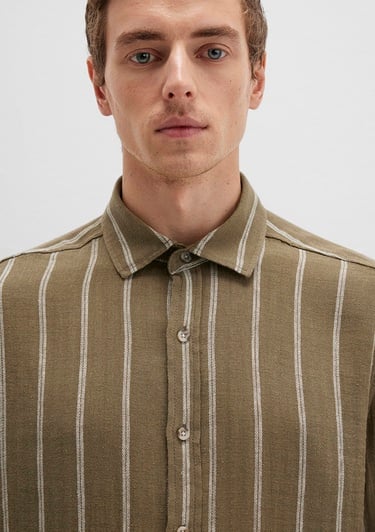  Mavi Keten Karışımlı Çizgili Haki Gömlek Regular Fit / Normal Kesim 0211730-91111