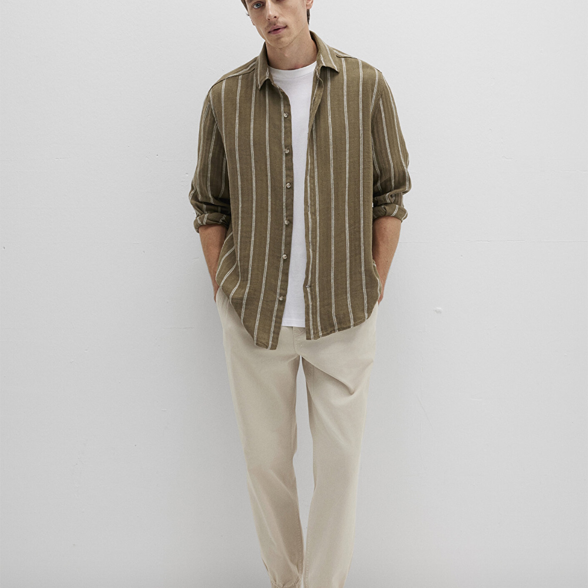 Mavi Keten Karışımlı Çizgili Haki Gömlek Regular Fit / Normal Kesim 0211730-91111