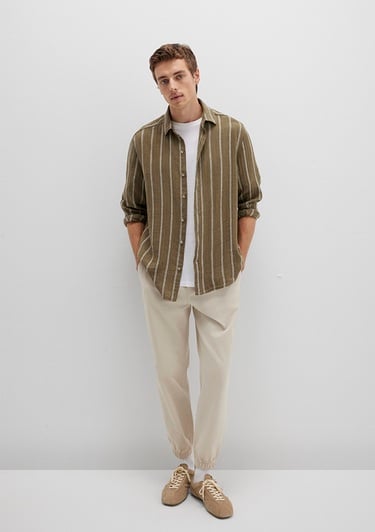  Mavi Keten Karışımlı Çizgili Haki Gömlek Regular Fit / Normal Kesim 0211730-91111