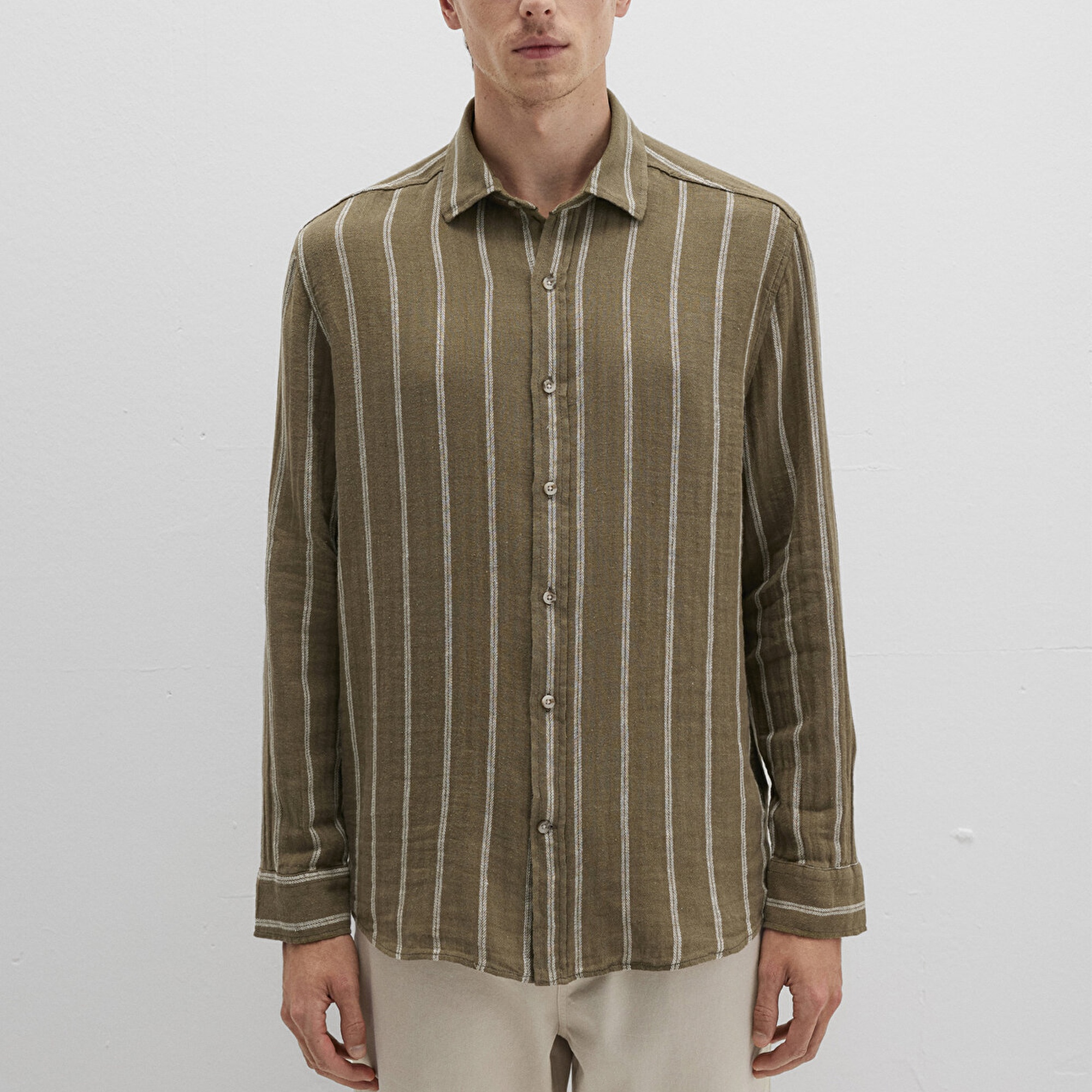 Mavi Keten Karışımlı Çizgili Haki Gömlek Regular Fit / Normal Kesim 0211730-91111