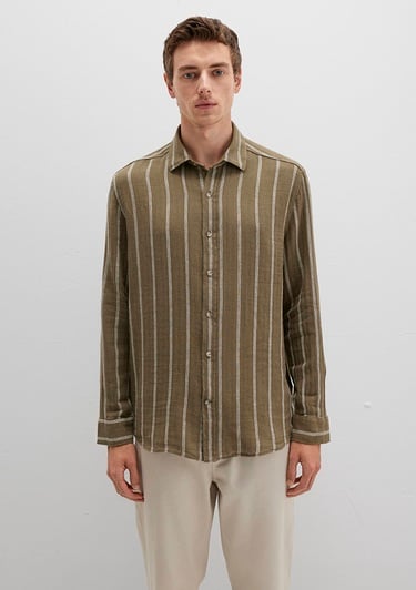  Mavi Keten Karışımlı Çizgili Haki Gömlek Regular Fit / Normal Kesim 0211730-91111