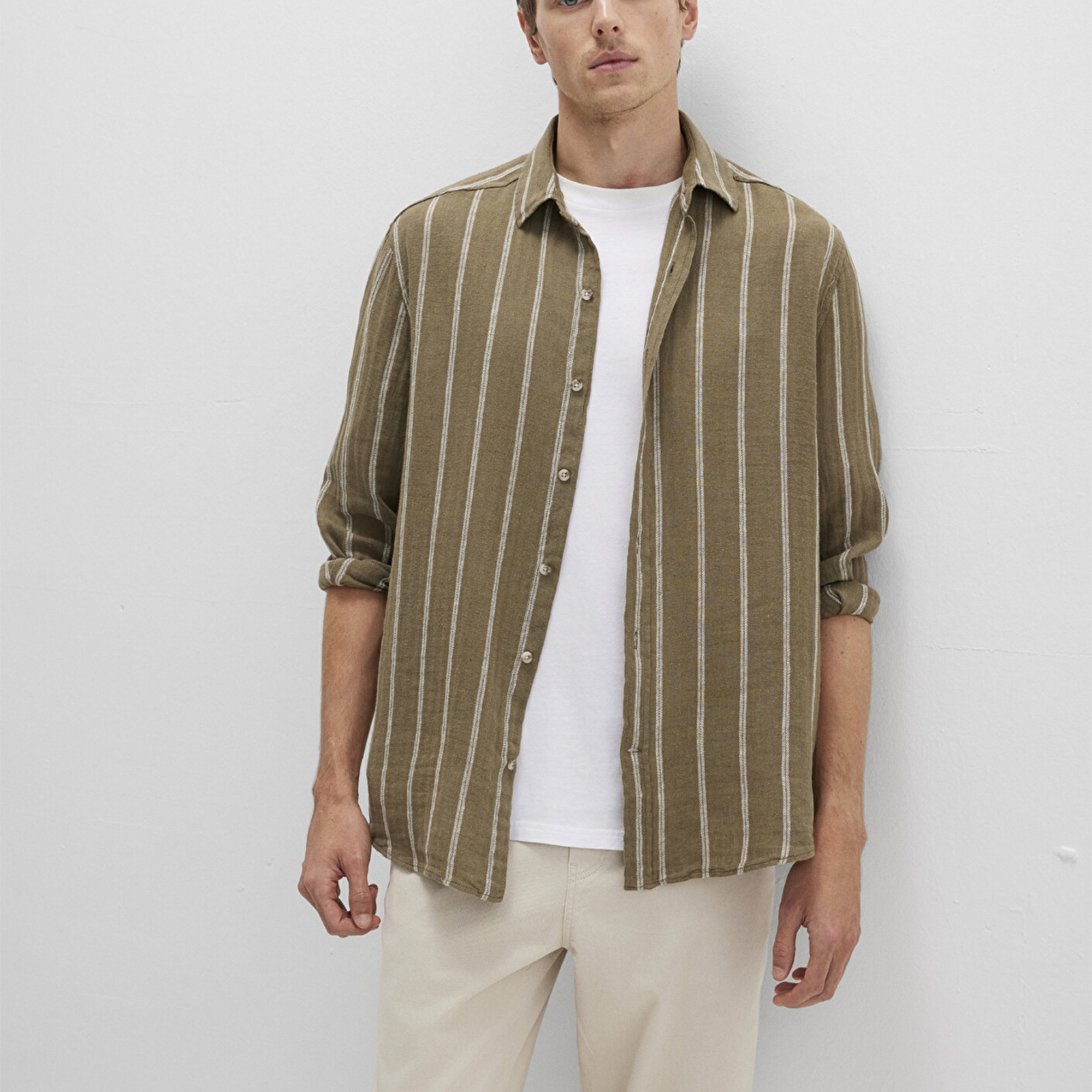 Mavi Keten Karışımlı Çizgili Haki Gömlek Regular Fit / Normal Kesim 0211730-91111