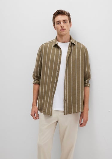  Mavi Keten Karışımlı Çizgili Haki Gömlek Regular Fit / Normal Kesim 0211730-91111