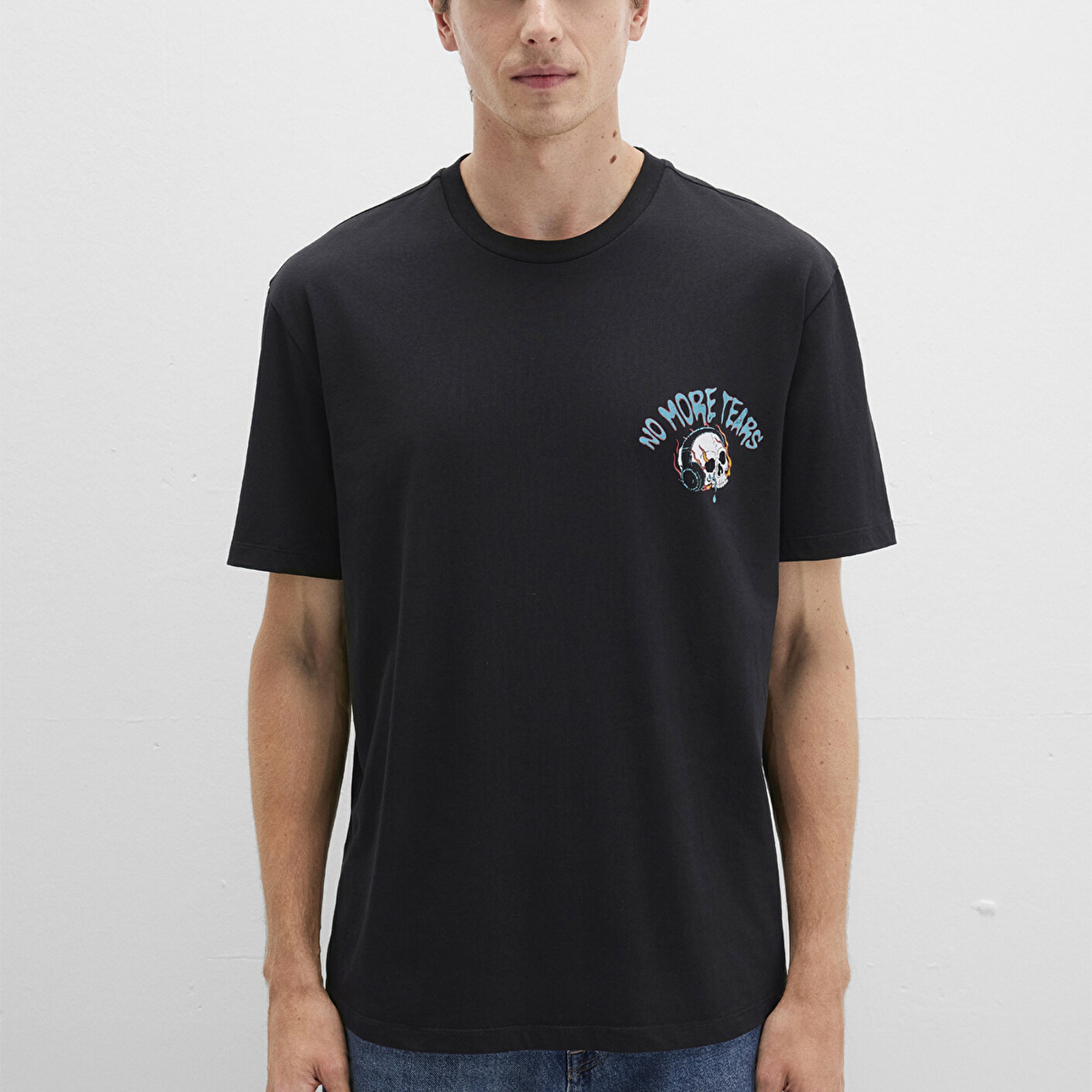 Mavi Kurukafa Baskılı Siyah Tişört Loose Fit / Bol Rahat Kesim 0612842-900