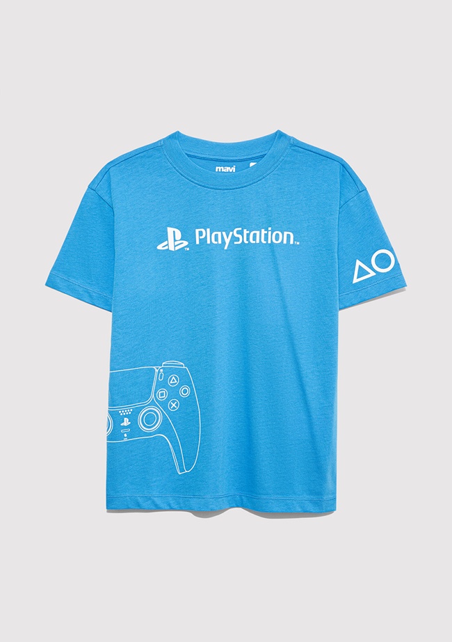  Mavi Playstation Baskılı Mavi Tişört Loose Fit / Bol Rahat Kesim 6610376-70772