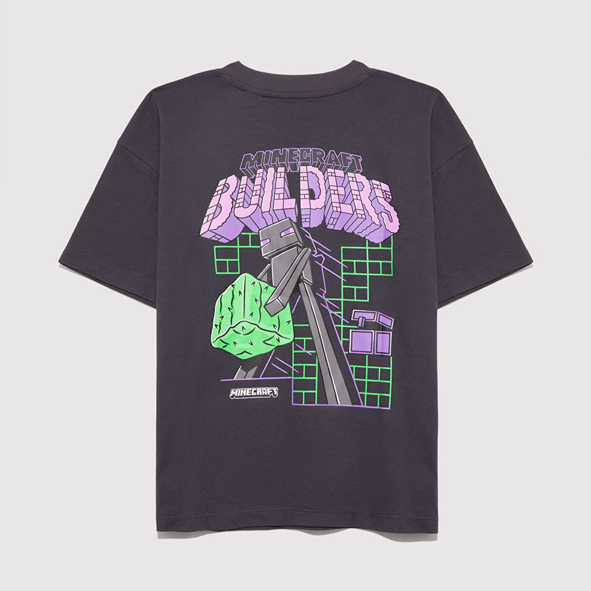 Mavi Minecraft Baskılı Antrasit Tişört Oversize / Geniş Kesim 6610379-70087