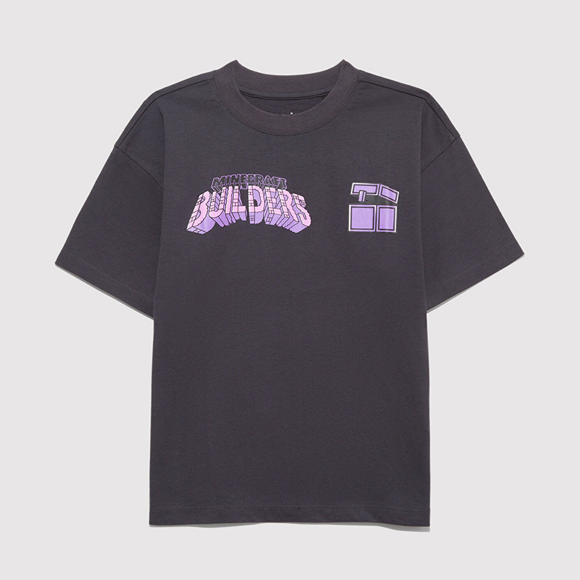 Mavi Minecraft Baskılı Antrasit Tişört Oversize / Geniş Kesim 6610379-70087