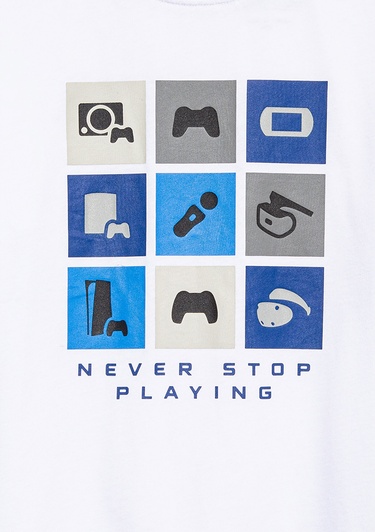  Mavi Playstation Baskılı Beyaz Tişört Loose Fit / Bol Rahat Kesim 6610374-620