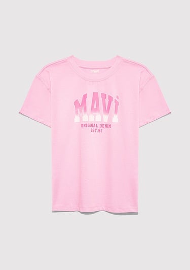 Mavi Mavi Logo Baskılı Pembe Tişört Loose Fit / Bol Rahat Kesim 7610386-70972