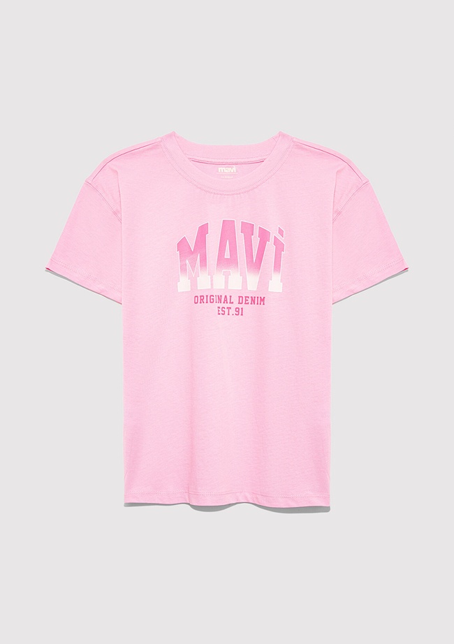  Mavi Mavi Logo Baskılı Pembe Tişört Loose Fit / Bol Rahat Kesim 7610386-70972