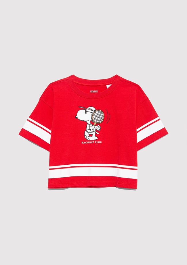  Mavi Peanuts Baskılı Kırmızı Tişört Loose Fit / Bol Rahat Kesim 7610372-82054