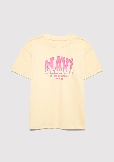  Mavi Mavi Logo Baskılı Sarı Tişört Loose Fit / Bol Rahat Kesim 7610386-70024