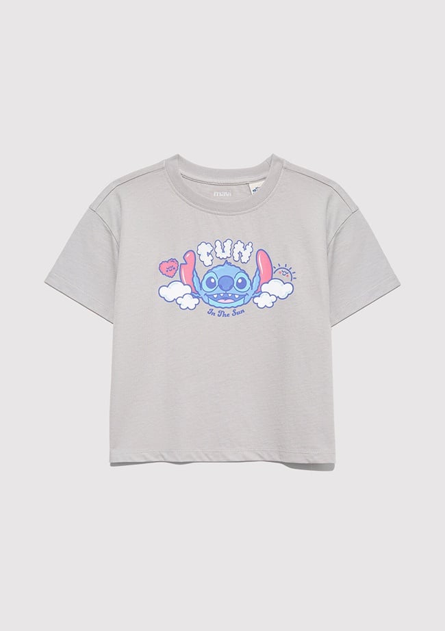  Mavi Stitch Baskılı Gri Tişört Loose Fit / Bol Rahat Kesim 7610374-70075