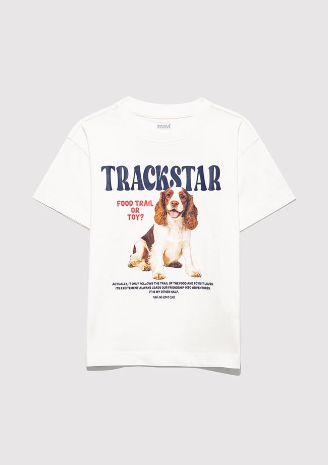  Mavi Baskılı Ekru Tişört Loose Fit / Bol Rahat Kesim 7610347-70057