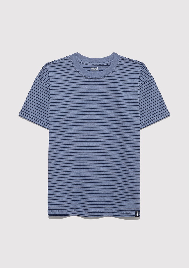  Mavi Lacivert Çizgili Tişört Loose Fit / Bol Rahat Kesim 6610390-90788