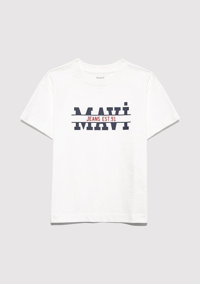  Mavi Mavi Logo Baskılı Beyaz Tişört Loose Fit / Bol Rahat Kesim 6610397-70057