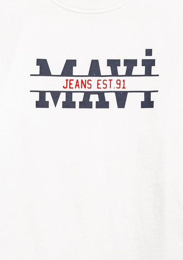  Mavi Mavi Logo Baskılı Beyaz Tişört Loose Fit / Bol Rahat Kesim 6610397-70057