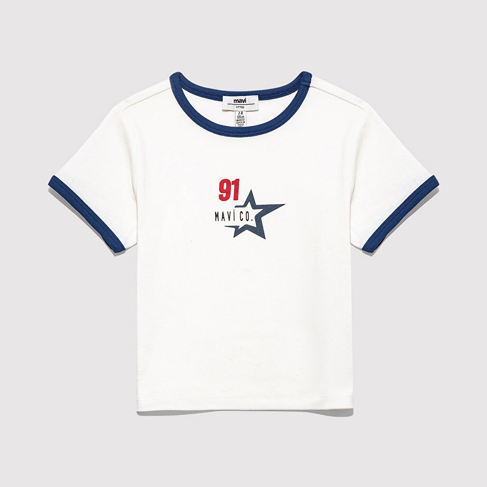 Mavi Baskılı Beyaz Tişört Fitted / Vücuda Oturan Kesim 7610345-70057