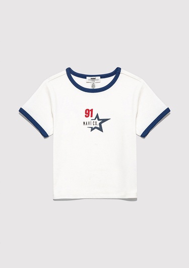  Mavi Baskılı Beyaz Tişört Fitted / Vücuda Oturan Kesim 7610345-70057