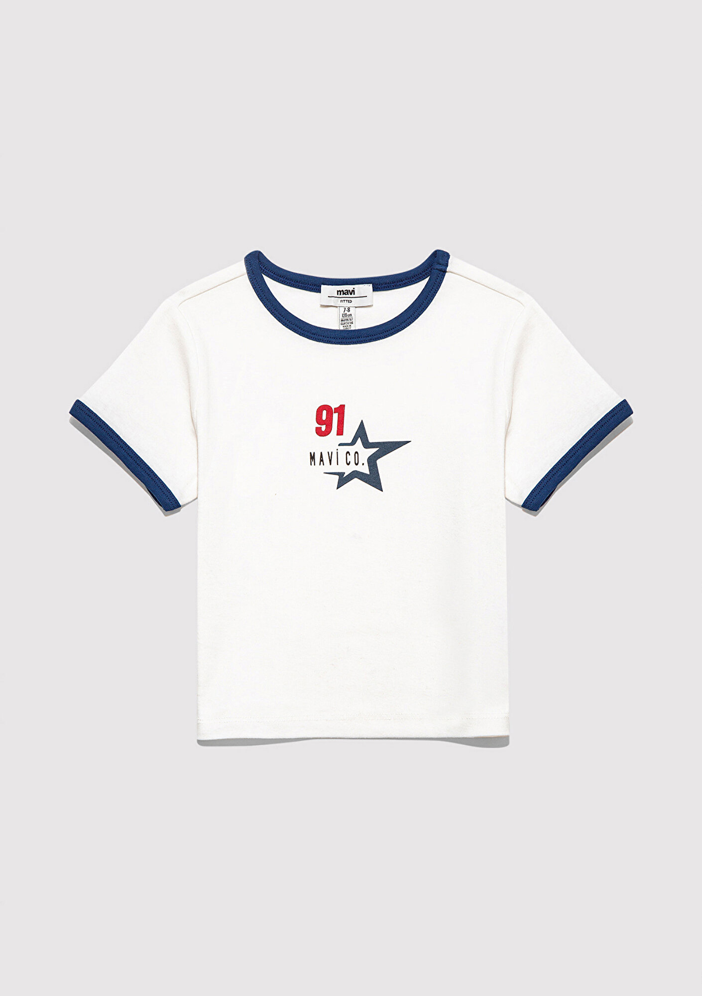  Mavi Baskılı Beyaz Tişört Fitted / Vücuda Oturan Kesim 7610345-70057